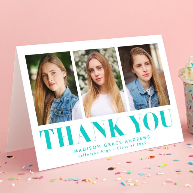 Simply Bold Turquoise 3 Photo Graduation Thank You Card (Creator Uploaded)