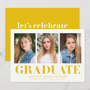 Simply Bold Yellow 3 Photo Graduation Party Invitation