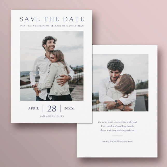 Simply Chic Blue Text Multi Photo Wedding  Save The Date (Creator Uploaded)