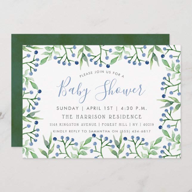 Simply Chic Blueberries Baby Shower Invitations (Front/Back)
