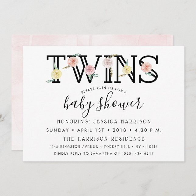 Simply Chic Floral Garden Twins Baby Shower Invitation (Front/Back)