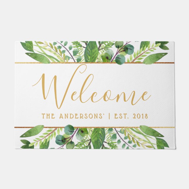 Simply Chic Greenery & Gold Foil Welcome Doormat (Front)