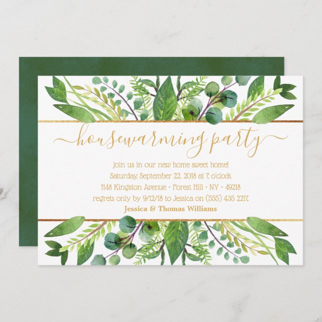 Simply Chic Greenery & Gold Housewarming Party Invitation (Front/Back)