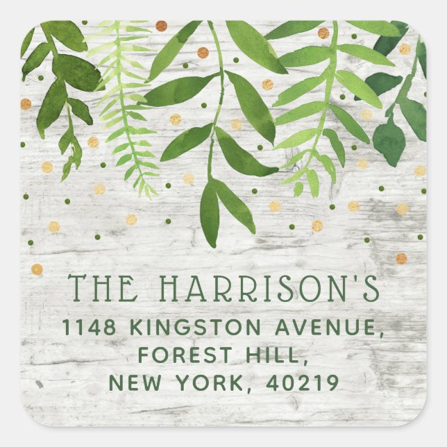 Simply Chic Greenery & Gold Return Address Square Sticker (Front)