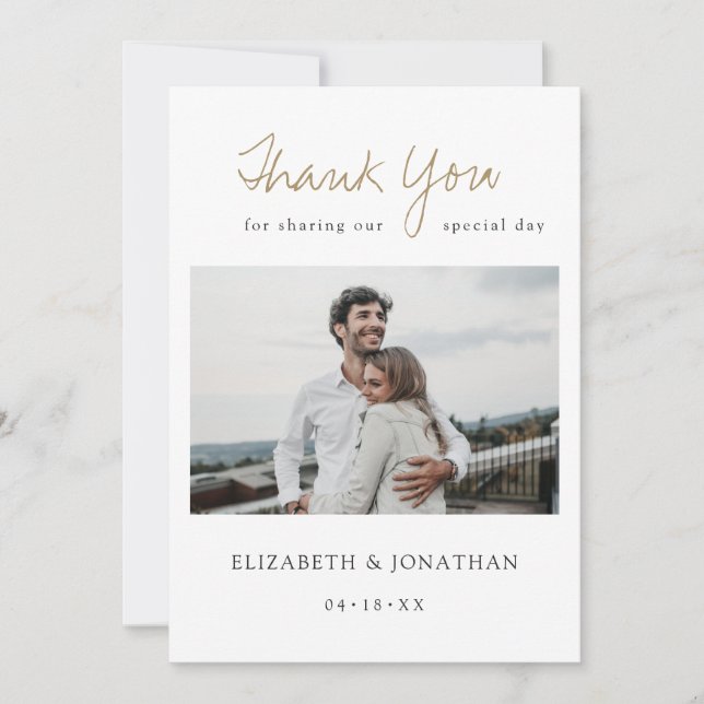 Simply Chic Modern Gold Script Photo Wedding Thank You Card (Front)