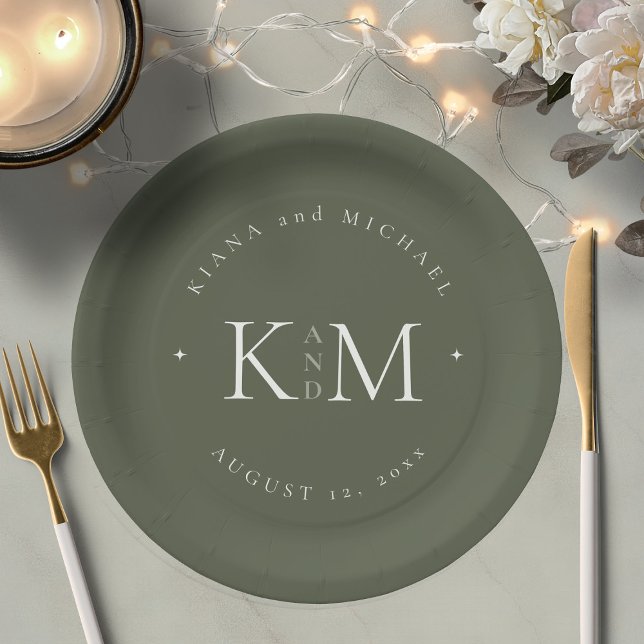 Simply Chic Wedding Initials Moss Green ID1046 Paper Plate (Creator Uploaded)