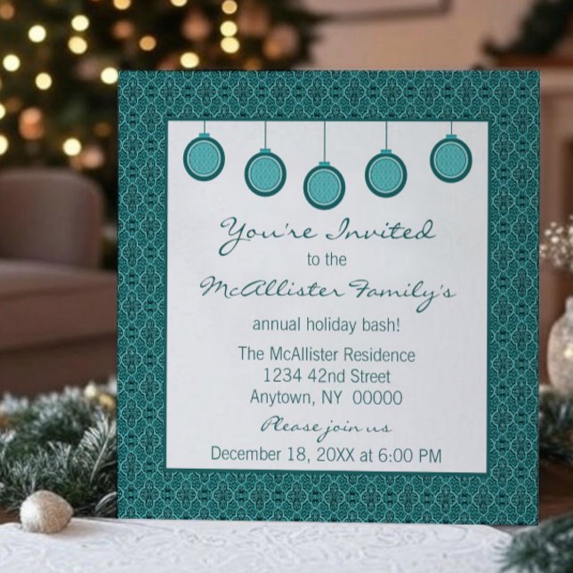 Simply Classic Damask Ornaments Christmas Teal Invitation (Teal Simply Classic Damask Ornaments Christmas Party Invitation)