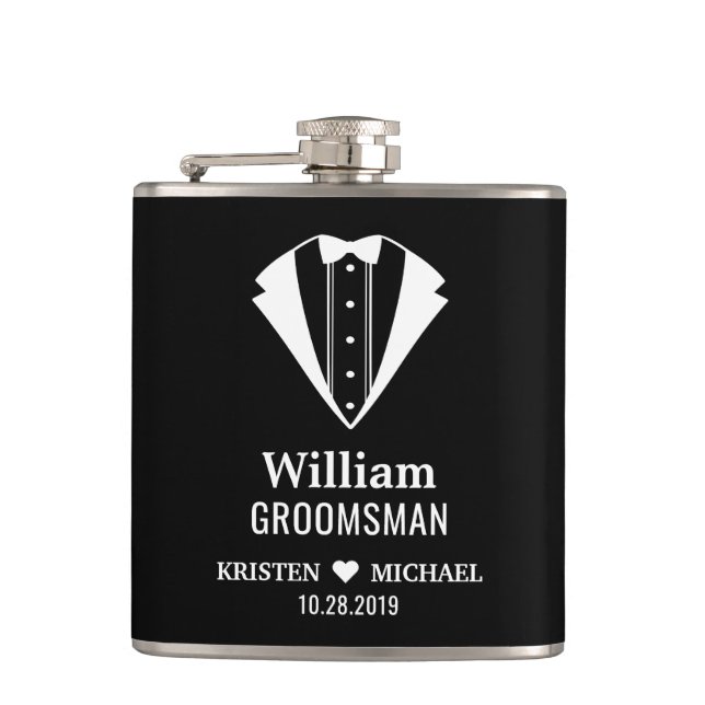 Simply Classy Tuxedo Suit Wedding Groom Groomsman Hip Flask (Front)