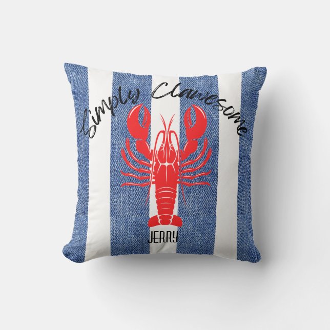 "SIMPLY CLAWESOME" Red Lobster on Denim Stripes Cushion (Front)