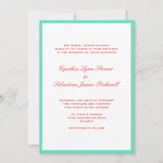 Simply colour border red teal wedding invitation