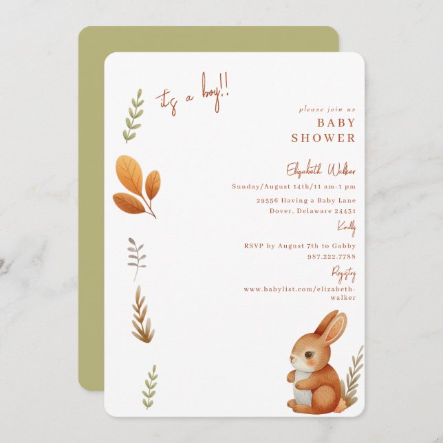Simply Cute Boho Bunny It's a Boy Baby Shower Invitation (Front/Back)