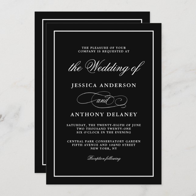 Simply Elegant Affair Black and White Wedding Invitation (Front/Back)