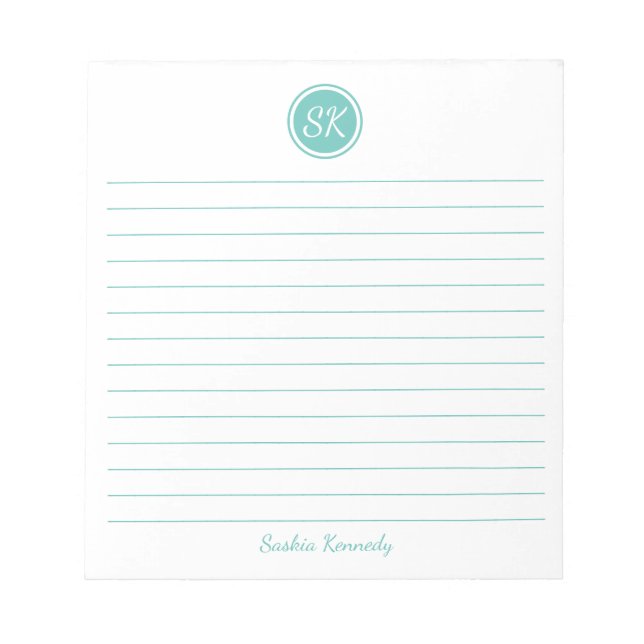 Simply Elegant Aqua Lined Monogram Name Notepad (Front)