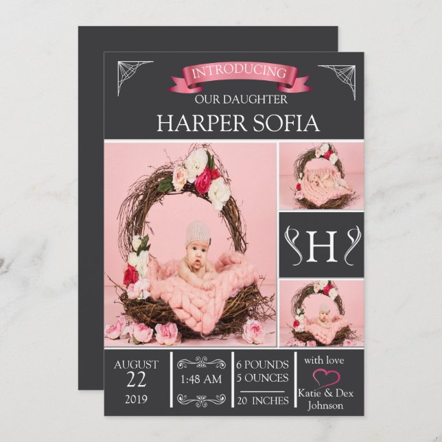 Simply Elegant Baby Girl Birth Announcement (Front/Back)