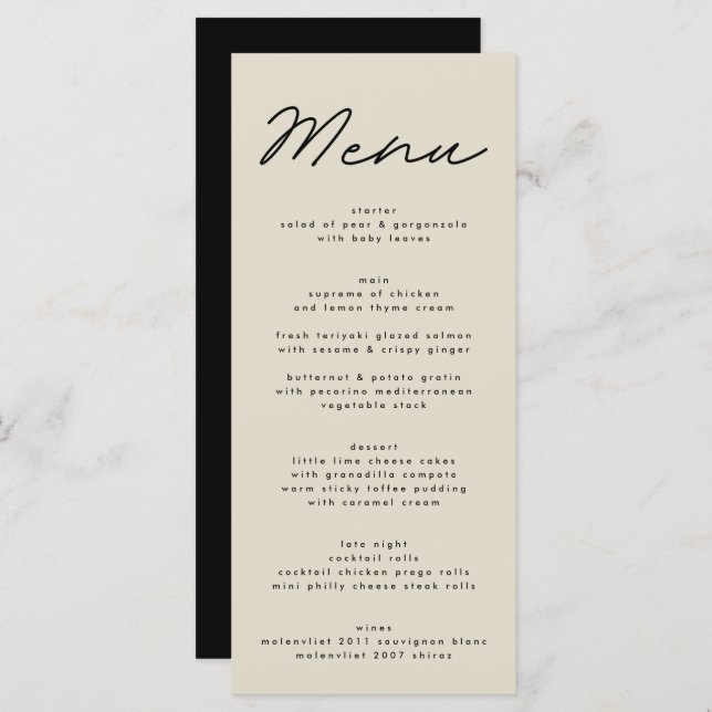 Simply Elegant Black & Beige Wedding Menu (Front/Back)