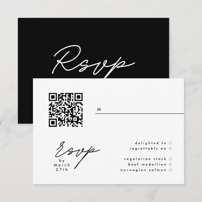 Simply Elegant Black & White QR Wedding RSVP Card (Front/Back)