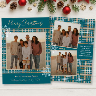 Simply Elegant Blue Plaid Snowflakes Christmas Holiday Card