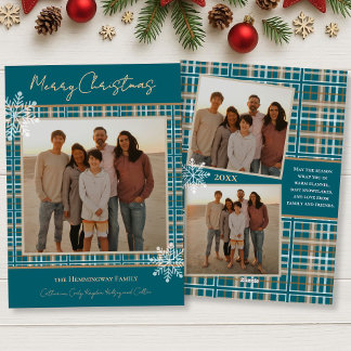 Simply Elegant Blue Plaid Snowflakes Christmas Holiday Card