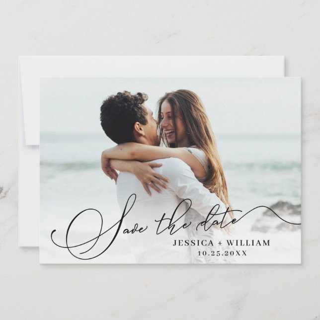 Simply Elegant Calligraphy Wedding Photo Save The Date (Front)
