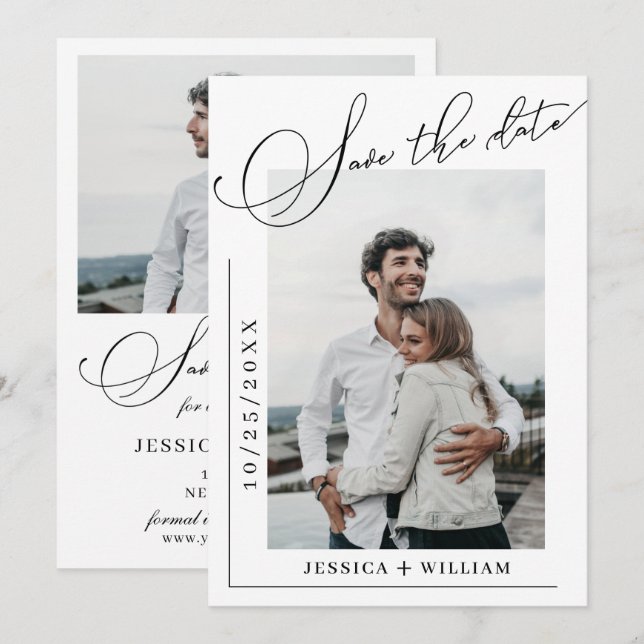 Simply Elegant Calligraphy Wedding Simple 2 Photo Save The Date (Front/Back)