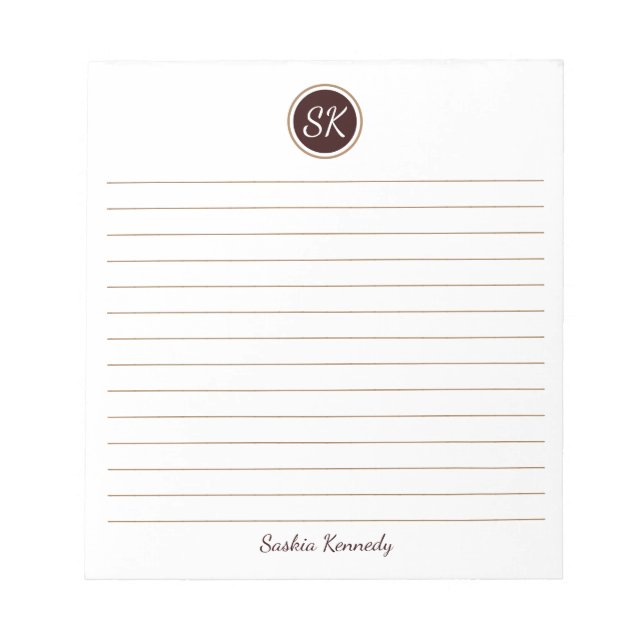 Simply Elegant Chocolate Brown Lined Monogram Name Notepad (Front)