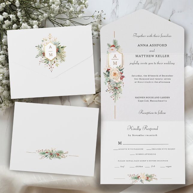 Simply Elegant Christmas Floral Monogram All In One Invitation (Creator Uploaded)