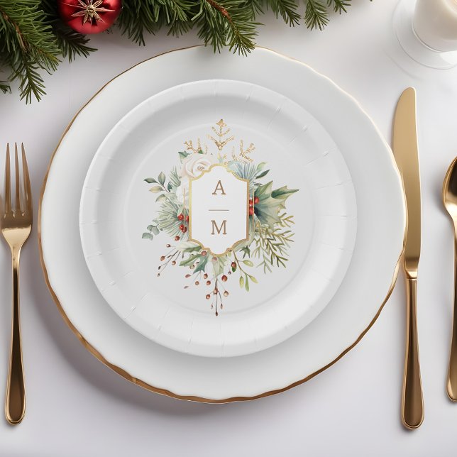 Simply Elegant Christmas Floral Monogram Paper Plate (Creator Uploaded)