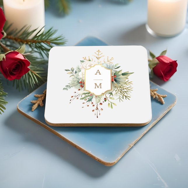Simply Elegant Christmas Floral Monogram Square Paper Coaster (Creator Uploaded)