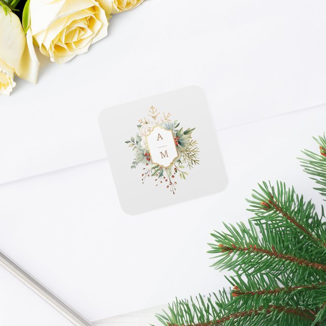 Simply Elegant Christmas Floral Monogram Square Sticker (Creator Uploaded)