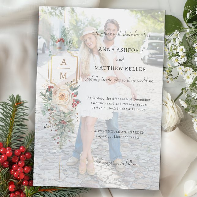 Simply Elegant Christmas Floral Monogram Vellum Invitations (Creator Uploaded)