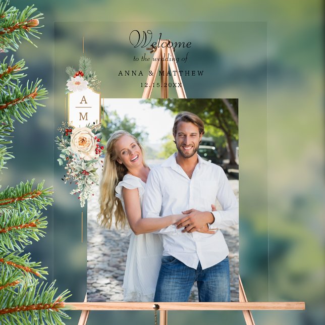 Simply Elegant Christmas Floral Monogram Welcome Acrylic Sign (Creator Uploaded)