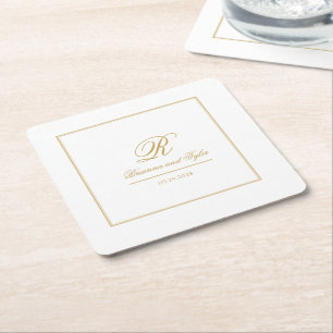 Simply Elegant Classic Gold Wedding Monogram Square Paper Coaster