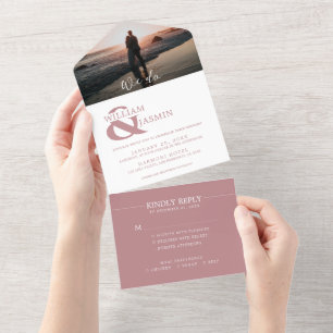 Simply Elegant Dusty Rose in White Photo Wedding All In One Invitation