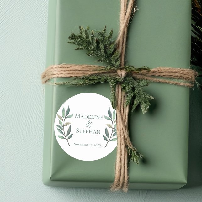 Simply Elegant Eucalyptus Leaf Botanical Wedding Classic Round Sticker (Creator Uploaded)