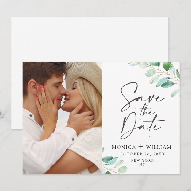 Simply Elegant Eucalyptus Wedding Photo Save The Date (Front/Back)