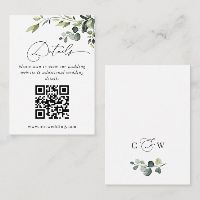 Simply Elegant Eucalyptus Wedding QR Code Details Enclosure Card (Front/Back)