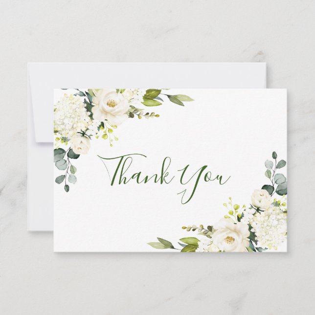 Simply Elegant Eucalyptus White Roses Floral Thank You Card (Front)