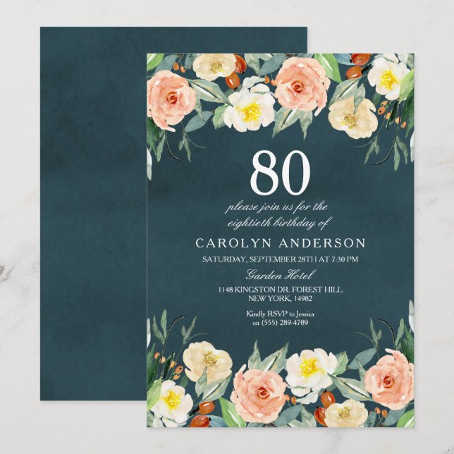 Simply Elegant Floral Any Age Birthday Party Invitation (Front/Back)
