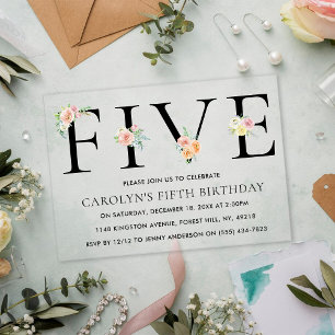 Simply Elegant Floral FIVE 5th Birthday Acrylic Invitations