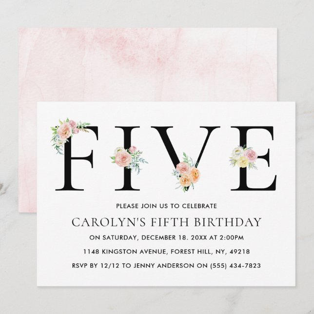 Simply Elegant Floral FIVE 5th Birthday Invitation (Front/Back)