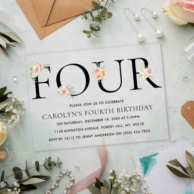 Simply Elegant Floral FOUR 4th Birthday Acrylic Invitations (Creator Uploaded)