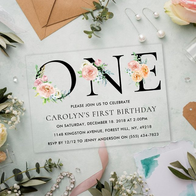 Simply Elegant Floral ONE 1st Birthday Party Acrylic Invitations (Creator Uploaded)