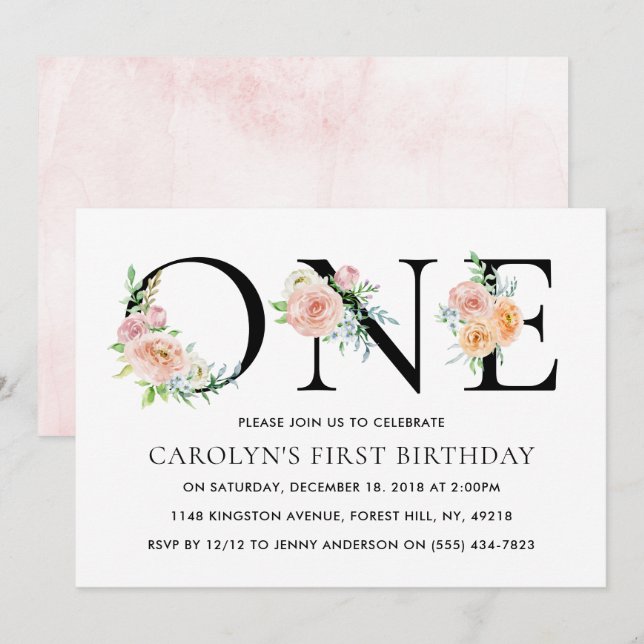 Simply Elegant Floral ONE 1st Birthday Party Invitation (Front/Back)