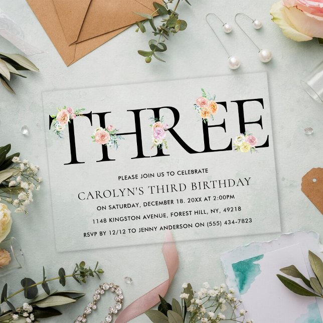 Simply Elegant Floral THREE 3rd Birthday Acrylic Invitations (Creator Uploaded)