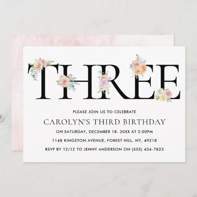 Simply Elegant Floral THREE 3rd Birthday Invitation (Front/Back)