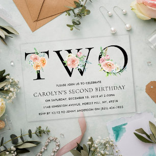 Simply Elegant Floral TWO 2nd Birthday Party Acrylic Invitations