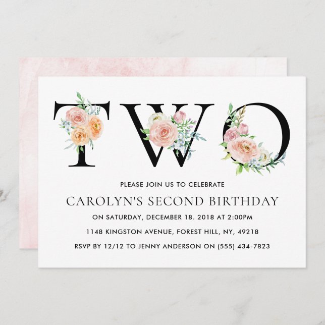 Simply Elegant Floral TWO 2nd Birthday Party Invitation (Front/Back)