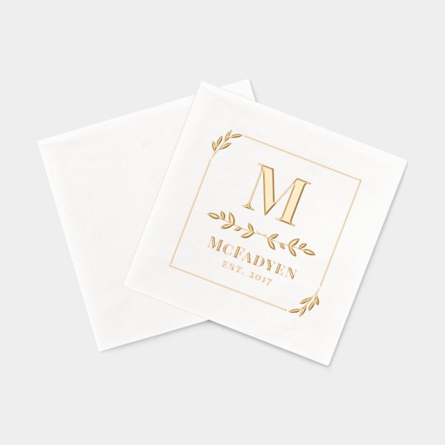 Simply Elegant Gold Greenery Frame Monogram Foil Napkins (Back)