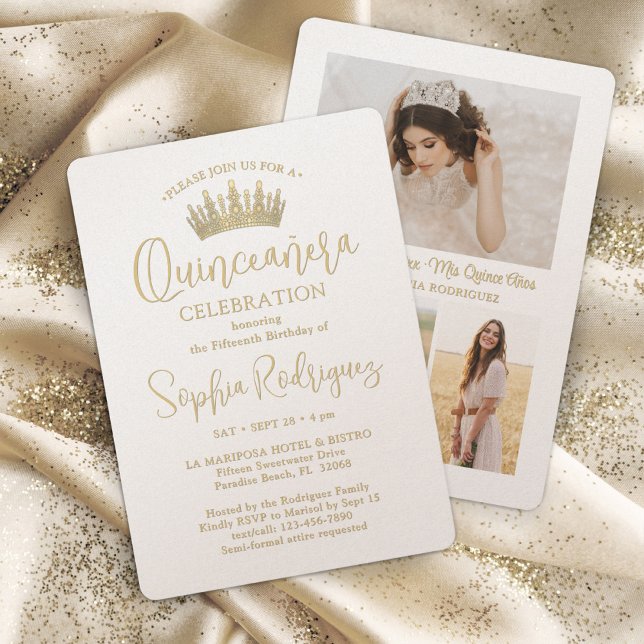 Simply Elegant Gold Quinceañera Crown 3 Photo Invitation (Creator Uploaded)