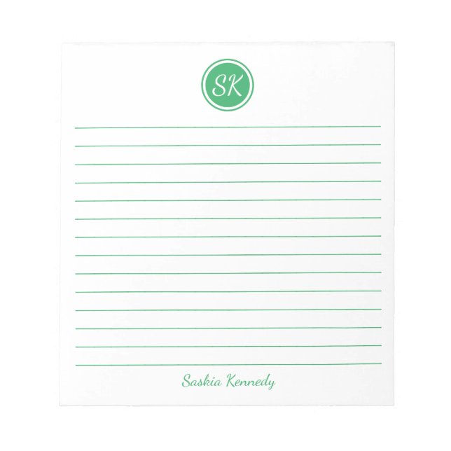 Simply Elegant Green Lined Monogram Personalised Notepad (Front)